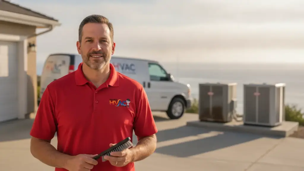HVAC technician in red uniform holding brush at residential service location