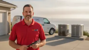 HVAC technician in red uniform holding brush at residential service location