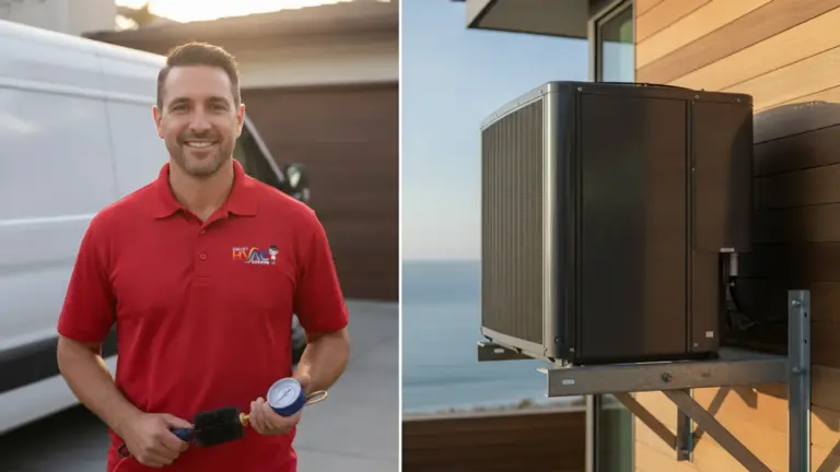 HVAC technician holds pressure gauge with residential heat pump unit in coastal home setting.