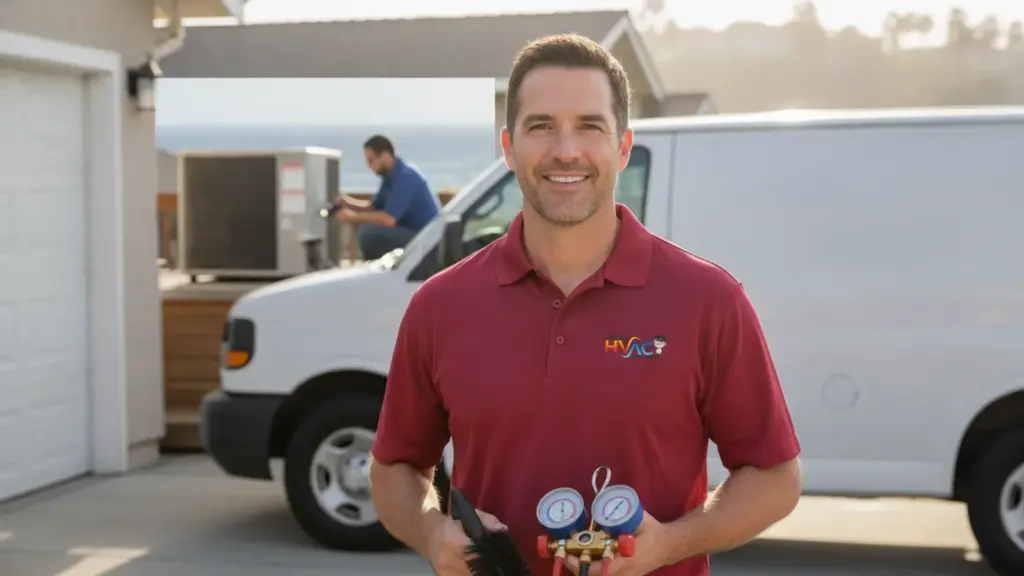 HVAC technician holding refrigerant gauges in front of service vehicles.