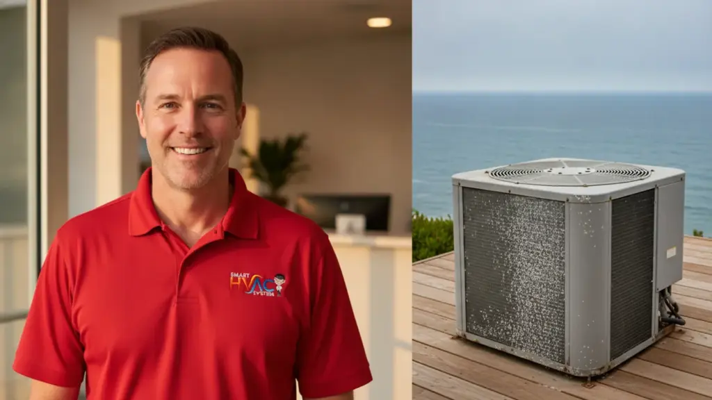 HVAC technician in red company polo with modern heat pump unit on oceanside deck.