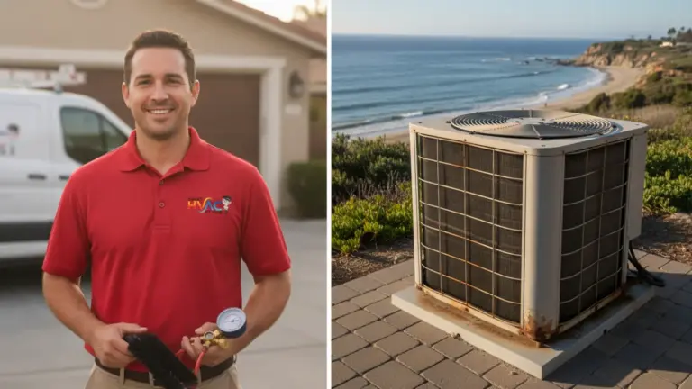 HVAC technician holding gauges with air conditioning unit installed on coastal property.