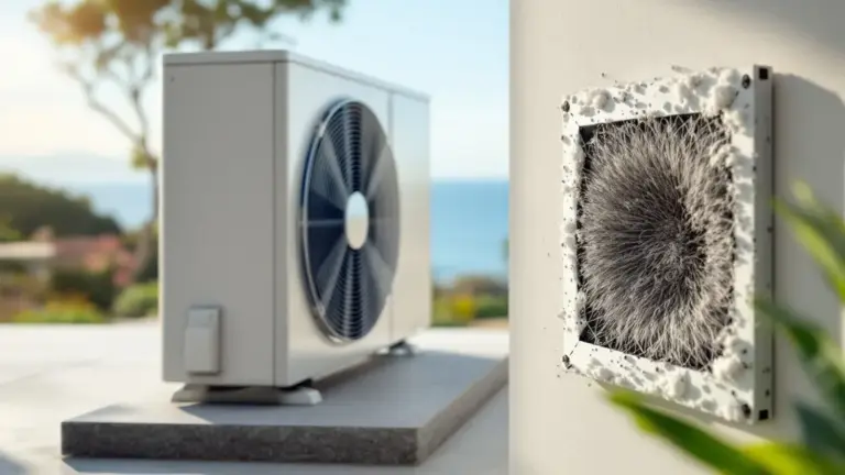 Heat pump outdoor unit and indoor wall-mounted condenser showing HVAC system installation.
