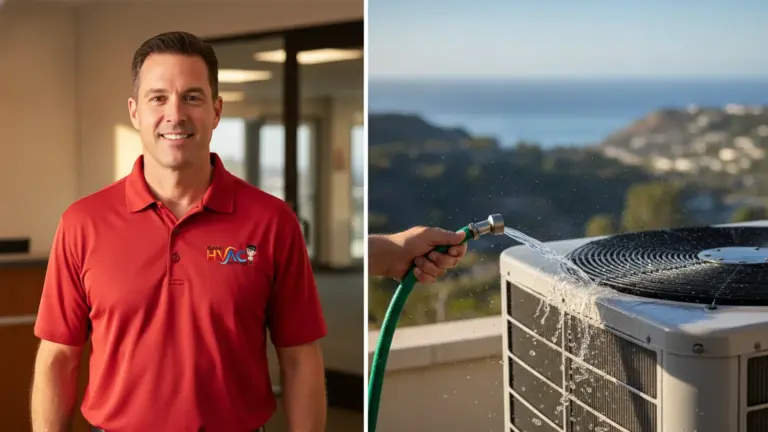 HVAC technician cleaning rooftop air conditioning unit with hose