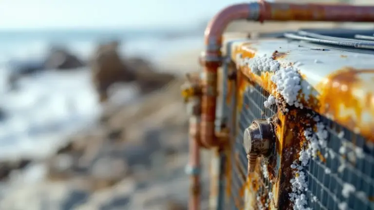 Weathered coastal railing covered in salt spray and rust overlooking rocky beach.