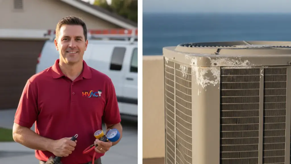 HVAC technician holding diagnostic gauges with outdoor unit in background.