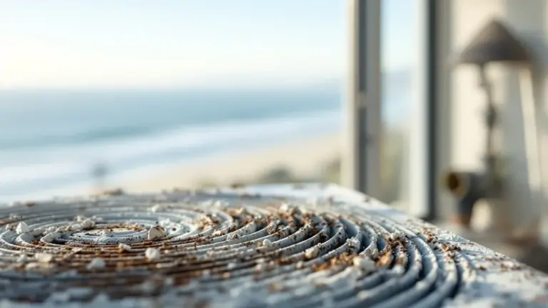 Close-up of weathered wood texture with concentric rings overlooking coastal beach vista.