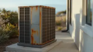 Rusty HVAC condenser unit with visible corrosion on residential property