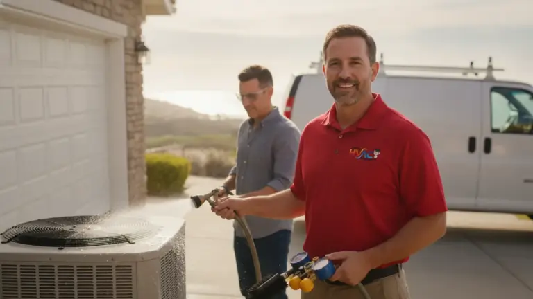 HVAC technicians perform maintenance on residential air conditioning unit outside home.