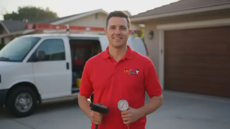 HVAC technician holding tools and gauge in front of service van and home.