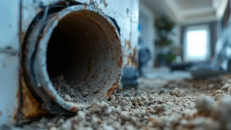 Closeup of corroded metal pipe filled with dust and debris in abandoned interior space.