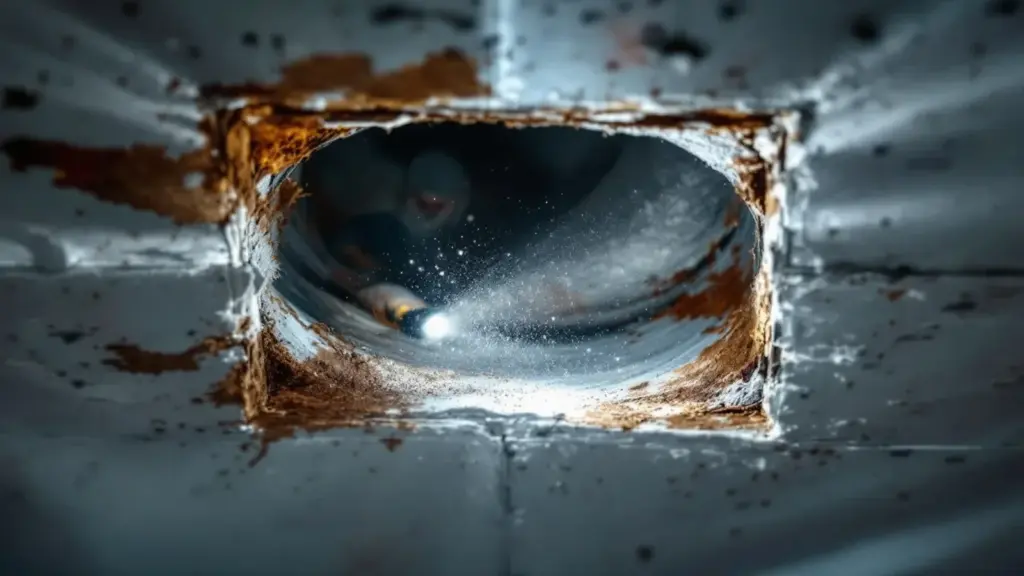 Cross-section of corroded metal pipe showing rust buildup and interior damage.