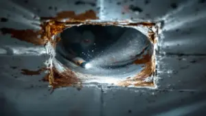 Cross-section of corroded metal pipe showing rust buildup and interior damage.