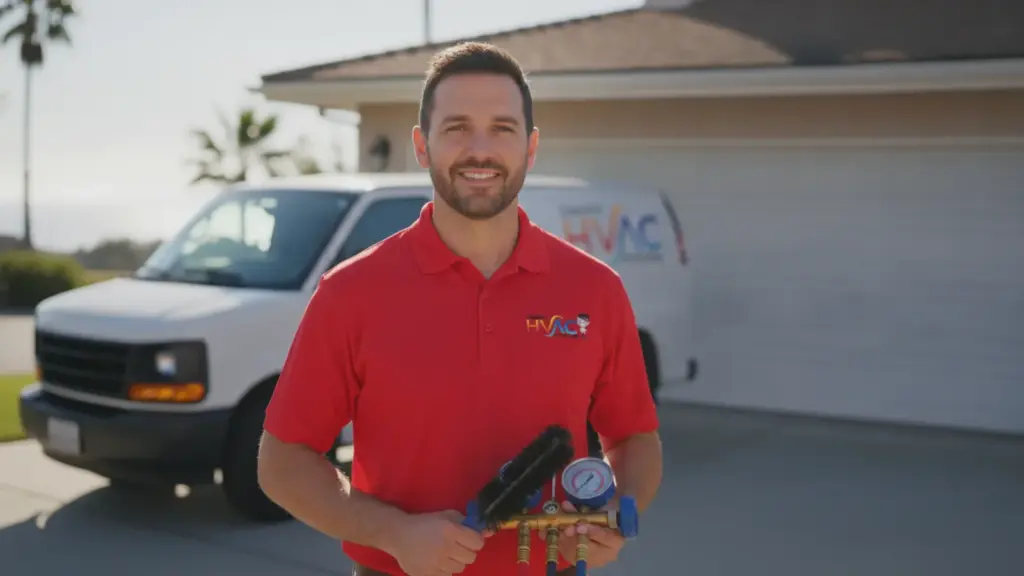 HVAC technician holds manifold gauge set in front of service vehicles and residential home.