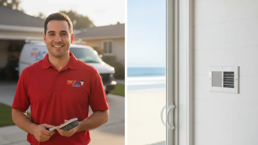 HVAC technician in red uniform holding air filter outside residential home