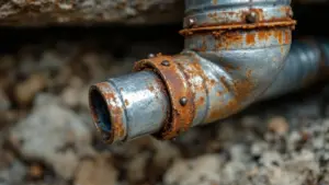 Heavily rusted metal pipe with corrosion and deterioration on concrete surface.